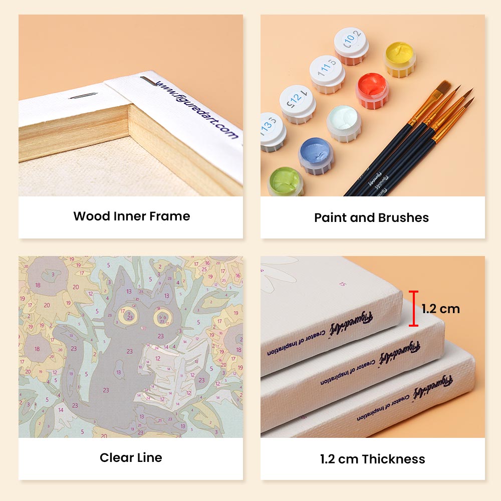 [PRE-ORDER] Mini Paint by Numbers 15x20cm Framed Canvas (6 pieces) - Van Gogh Style Cat