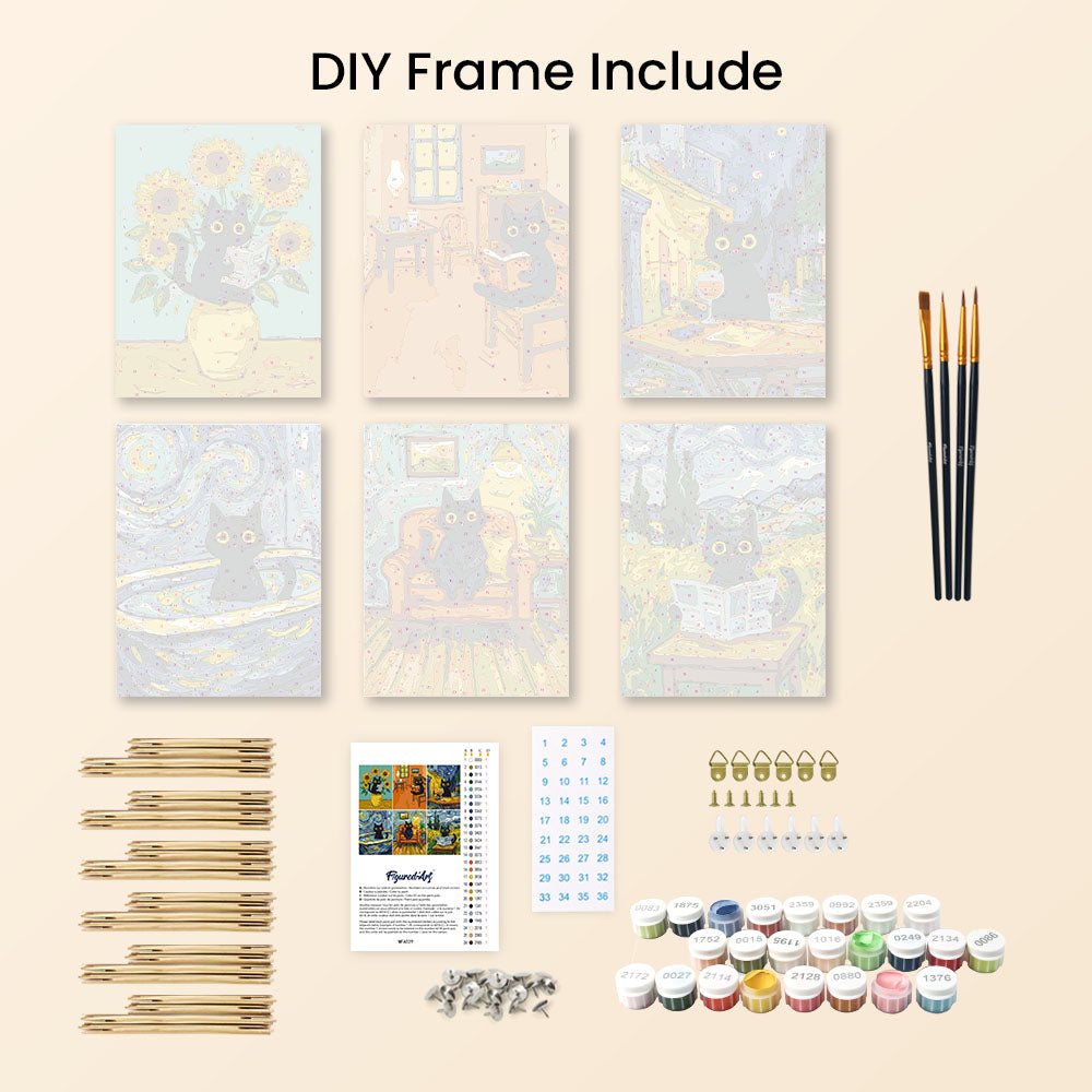 [PRE-ORDER] Mini Paint by Numbers 15x20cm Framed Canvas (6 pieces) - Van Gogh Style Cat