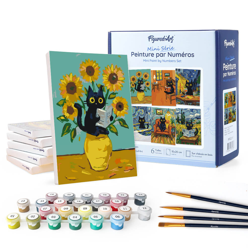 Mini Paint by numbers 15x20cm (6 pieces) - Van Gogh Style Cat Figured'Art