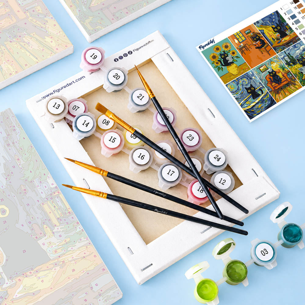 [PRE-ORDER] Mini Serie Paint by Numbers 15x20cm Framed Canvas (6 pieces) - Van Gogh Style Cat