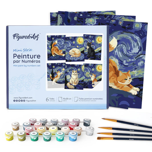 Mini Paint by numbers 15x20cm (6 pieces) - Starry Night Cats Figured'Art
