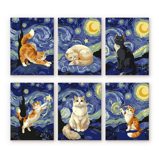 Mini Paint by numbers 15x20cm (6 pieces) - Starry Night Cats Figured'Art