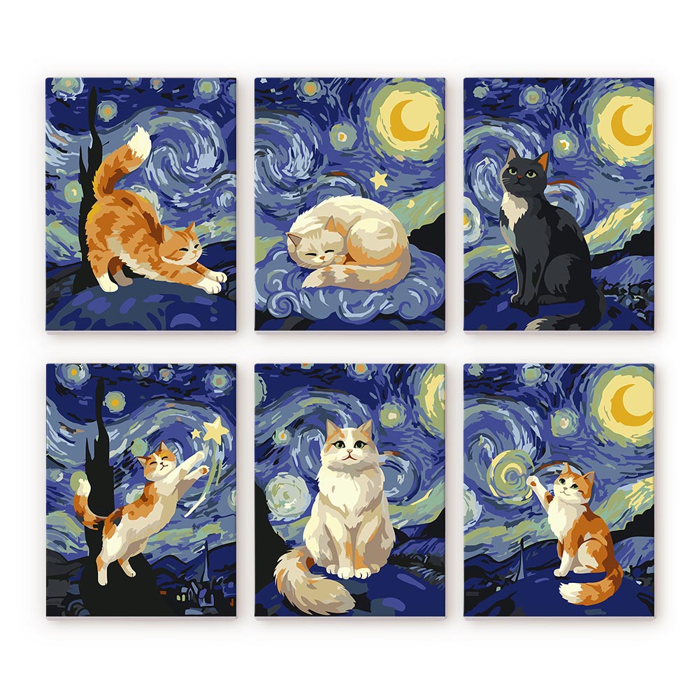 [PRE-ORDER] Mini Serie Paint by Numbers 15x20cm Framed Canvas (6 pieces) - Starry Night Cats