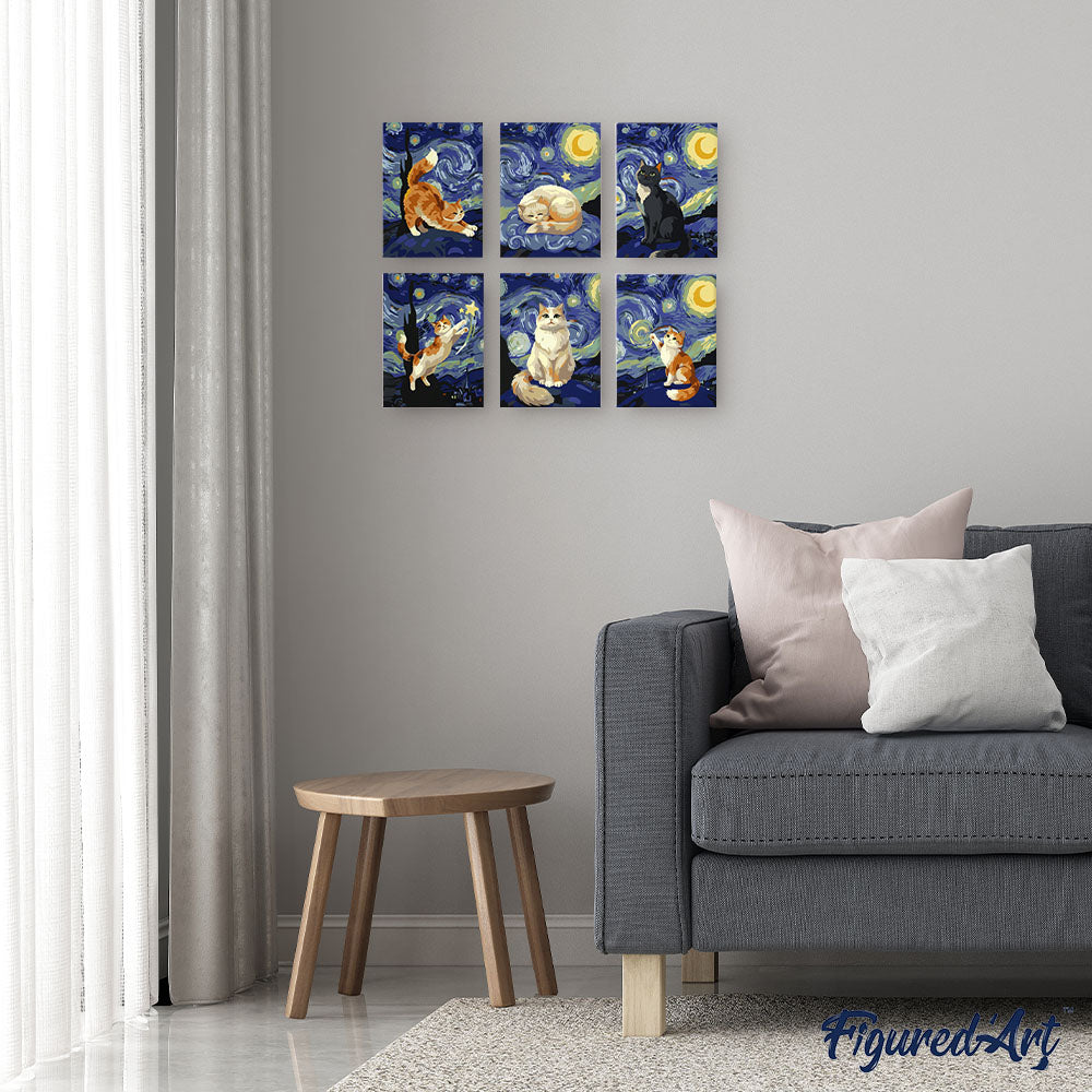 [PRE-ORDER] Mini Serie Paint by Numbers 15x20cm Framed Canvas (6 pieces) - Starry Night Cats