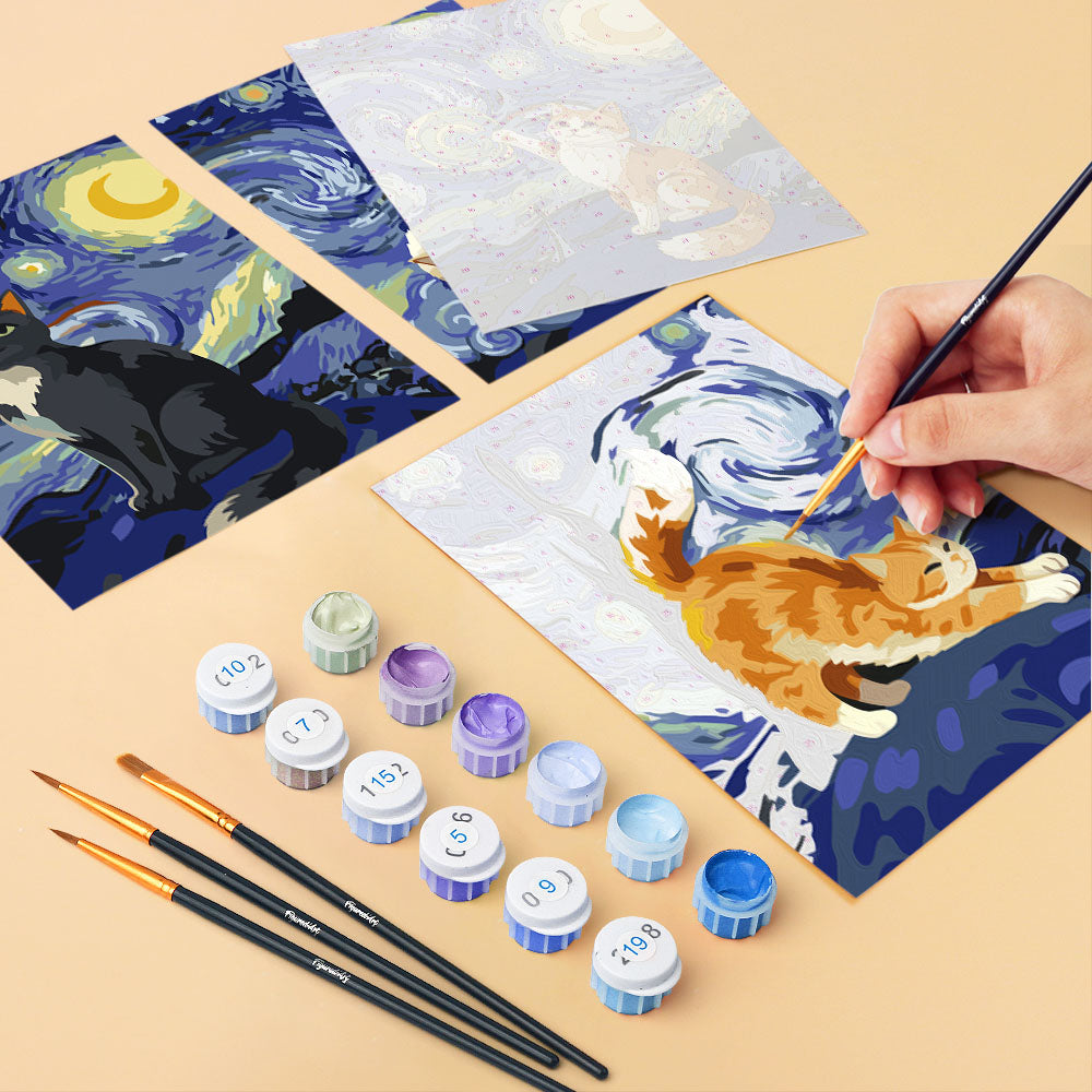 [PRE-ORDER] Mini Paint by Numbers 15x20cm Framed Canvas (6 pieces) - Starry Night Cats