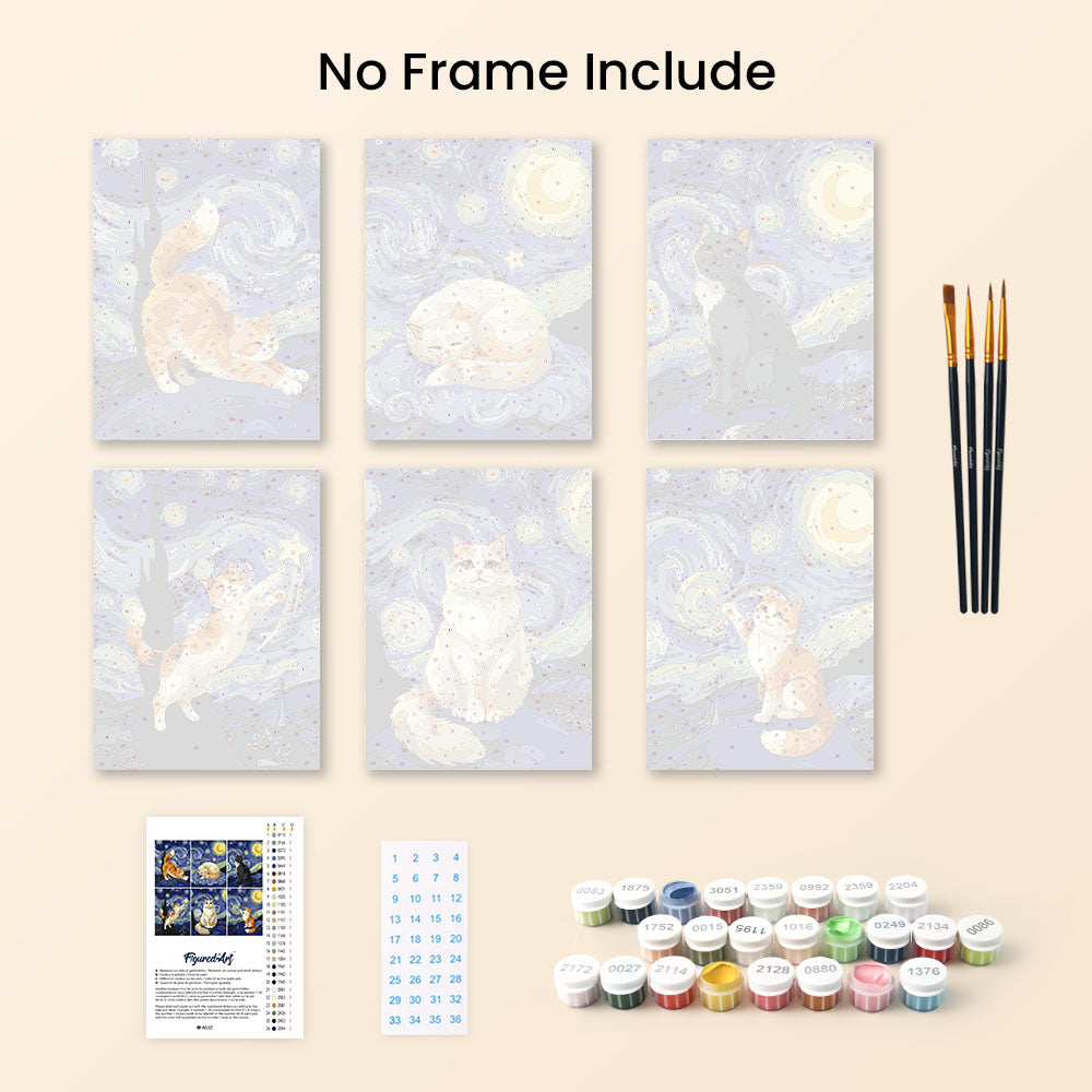 [PRE-ORDER] Mini Paint by Numbers 15x20cm Framed Canvas (6 pieces) - Starry Night Cats