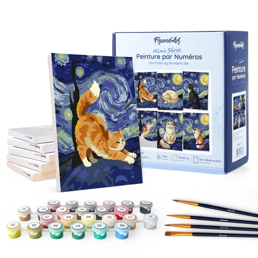Mini Paint by numbers 15x20cm (6 pieces) - Starry Night Cats Figured'Art