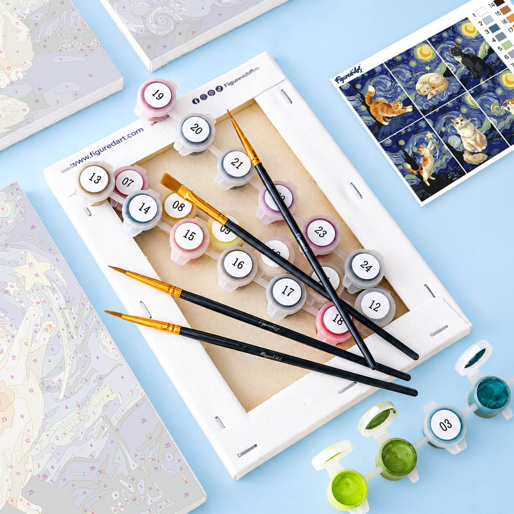 [PRE-ORDER] Mini Serie Paint by Numbers 15x20cm Framed Canvas (6 pieces) - Starry Night Cats
