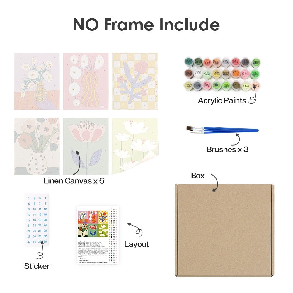 [PRE-ORDER] Mini Paint by Numbers 15x20cm Framed Canvas (6 pieces) - Abstract Floral Vases