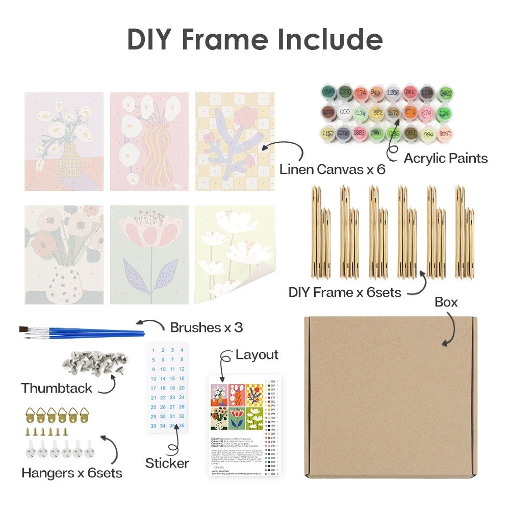 [PRE-ORDER] Mini Paint by Numbers 15x20cm Framed Canvas (6 pieces) - Abstract Floral Vases