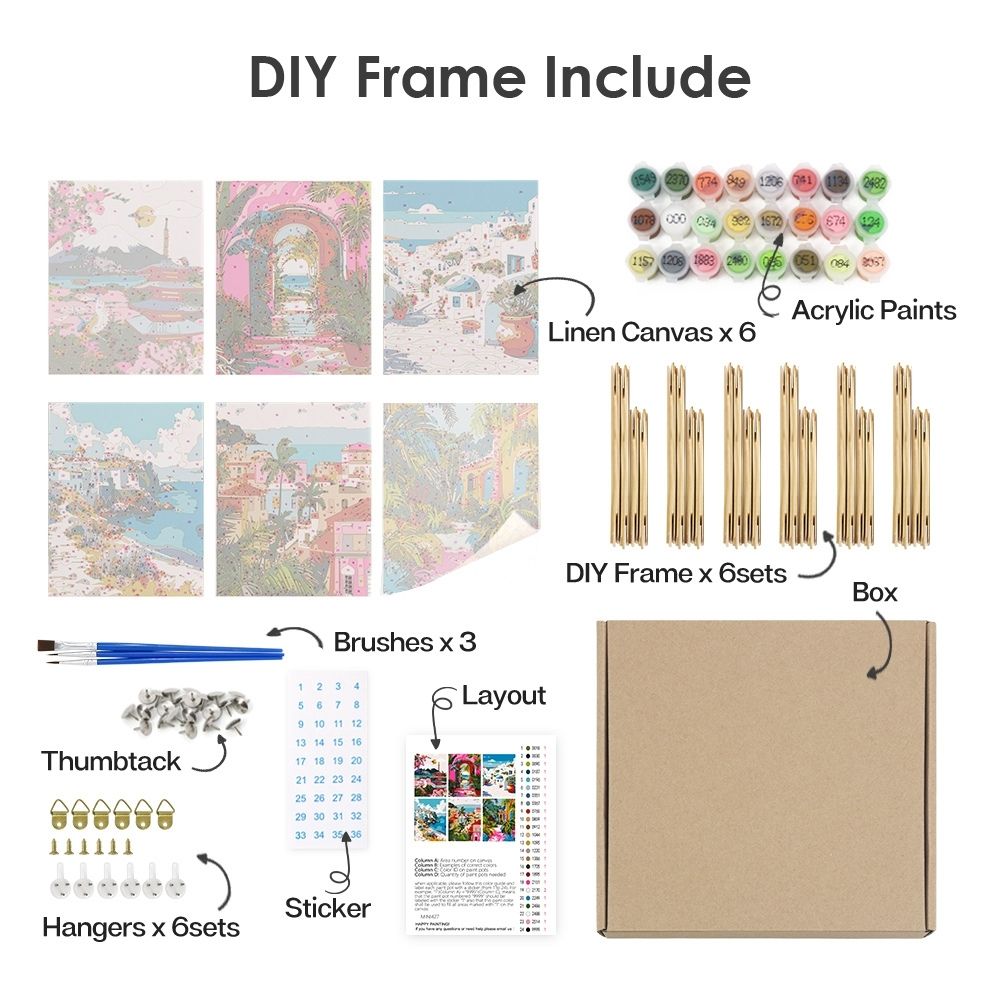 [PRE-ORDER] Mini Paint by Numbers 15x20cm Framed Canvas (6 pieces) - Mediterranean Scenes