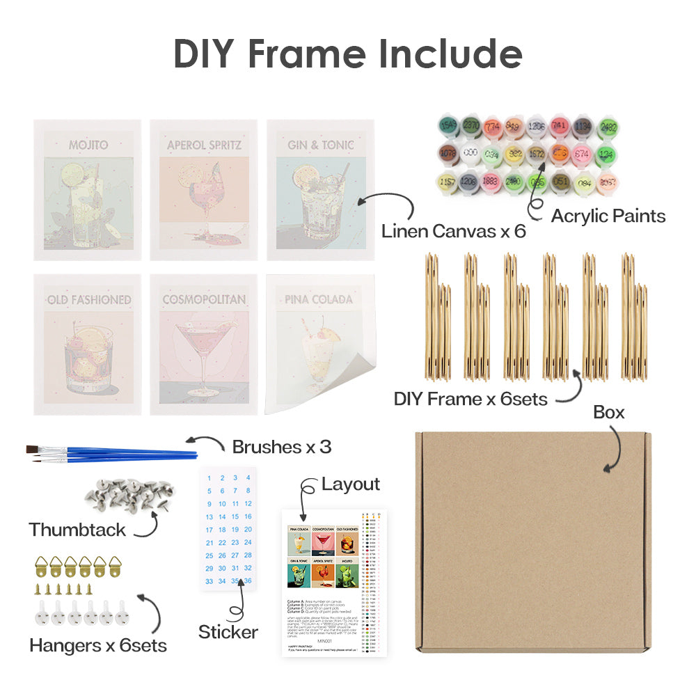 [PRE-ORDER] Mini Paint by Numbers 15x20cm Framed Canvas (6 pieces) - Modern Bar Mixology Art Series 1