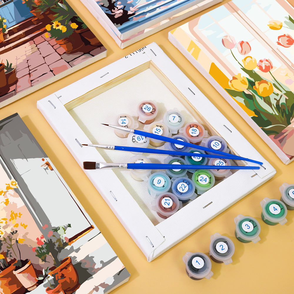 [PRE-ORDER] Mini Paint by Numbers 15x20cm Framed Canvas (6 pieces) - European Architecture and Flowers