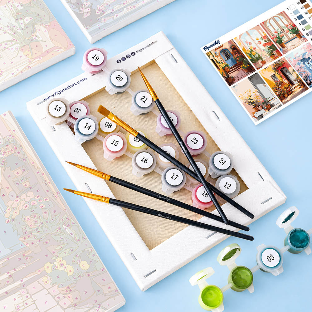 [PRE-ORDER] Mini Serie Paint by Numbers 15x20cm Framed Canvas (6 pieces) - European Architecture and Flowers