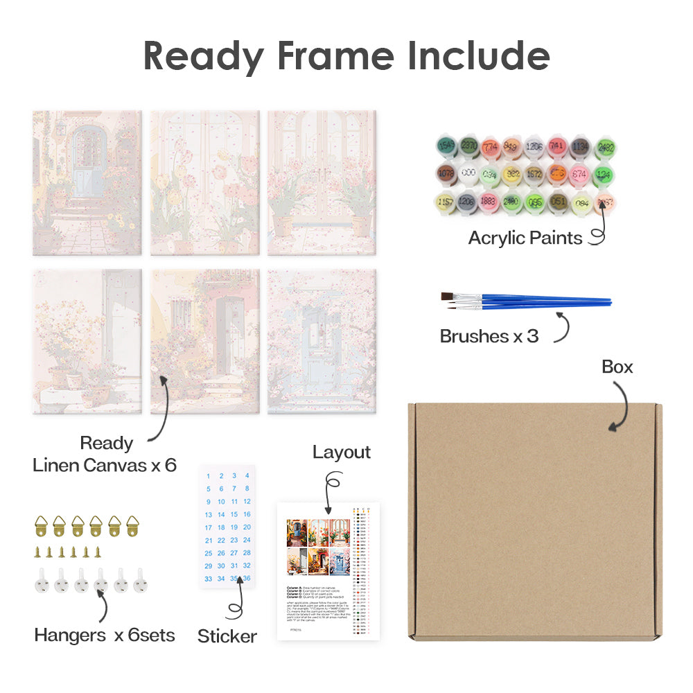 [PRE-ORDER] Mini Paint by Numbers 15x20cm Framed Canvas (6 pieces) - European Architecture and Flowers