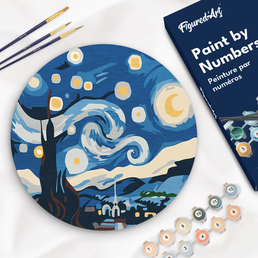Paint by numbers on Wood Slice - Starry Night Figured'Art UK