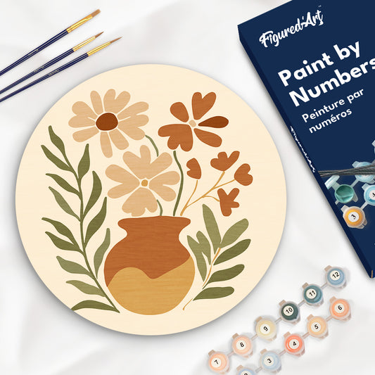 Paint by numbers on Wood Slice - Pot of Flowers Figured'Art UK