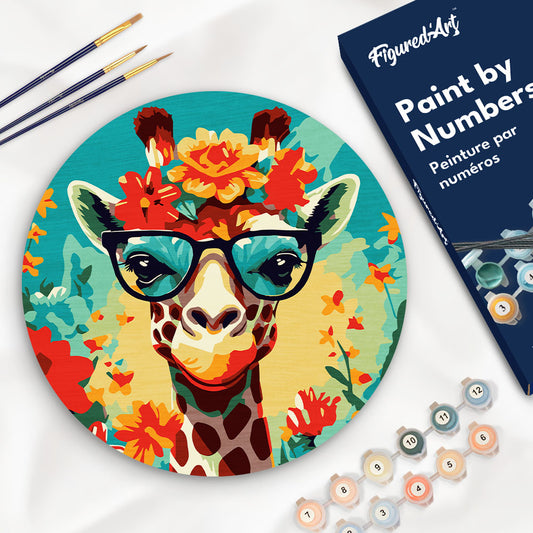 Paint by numbers on Wood Slice - Fantasy Giraffe and Flowers Figured'Art UK
