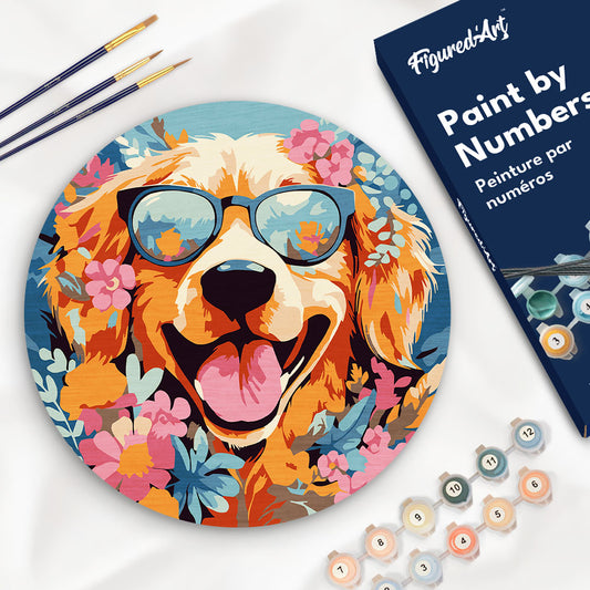 Paint by numbers on Wood Slice - Fantasy Dog and Flowers Figured'Art UK