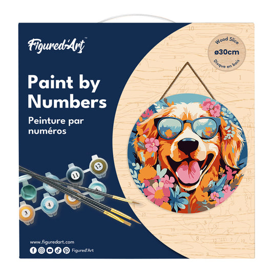 Paint by numbers on Wood Slice - Fantasy Dog and Flowers