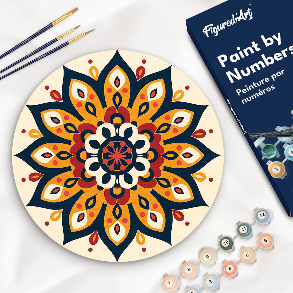 Paint by numbers on Wood Slice - Sunburst Mandala Figured'Art UK