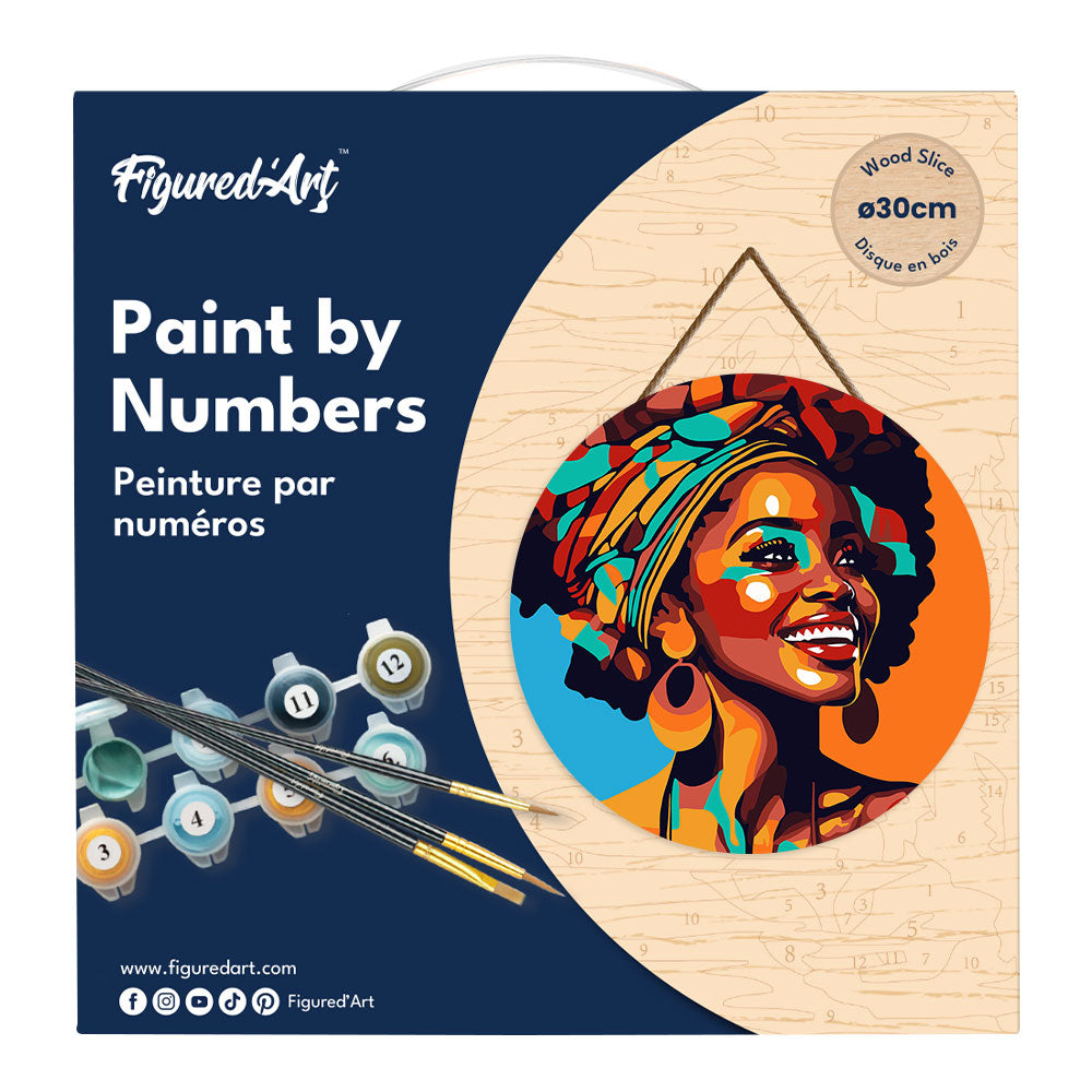 Paint by numbers on Wood Slice - African Queen Pop Art