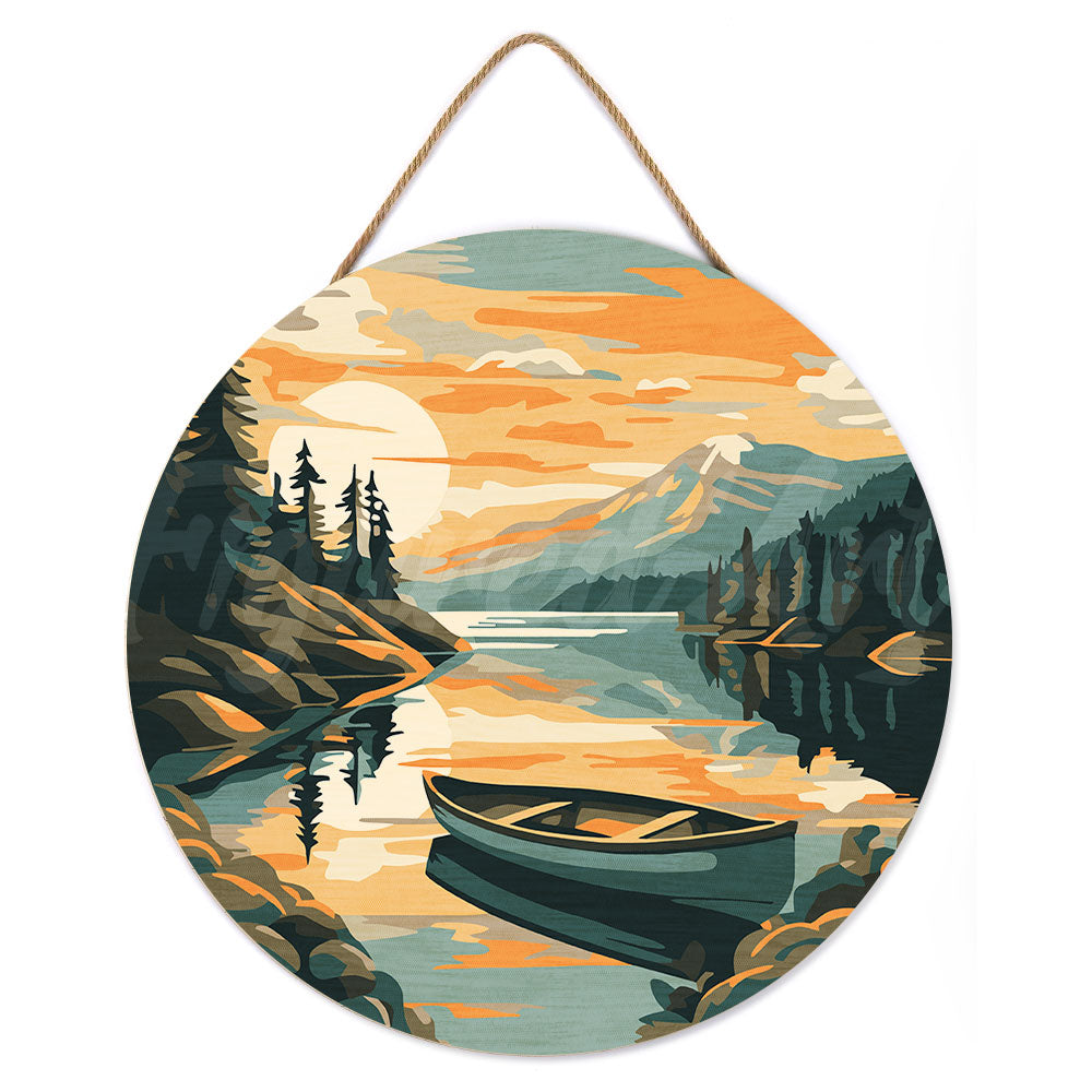 Paint by numbers on Wood Slice - Mountain Lake with Canoe