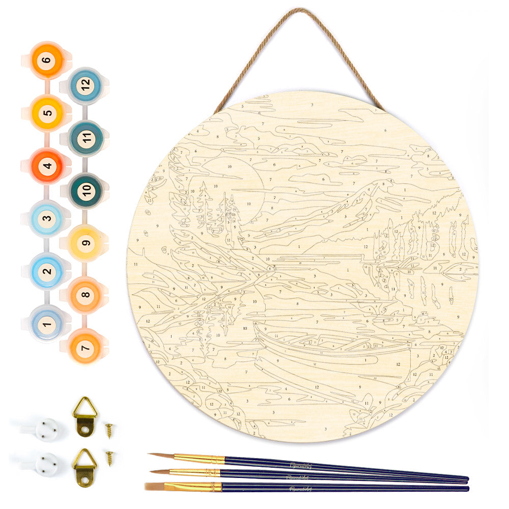 Paint by numbers on Wood Slice - Mountain Lake with Canoe