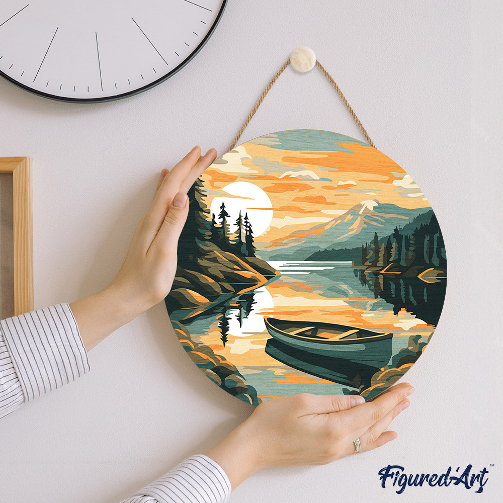 Paint by numbers on Wood Slice - Mountain Lake with Canoe
