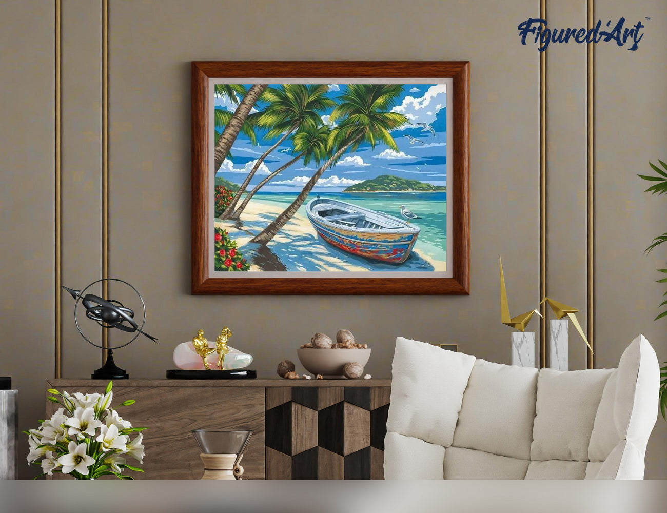 Paint by numbers Boat under the Coconut trees - Framed canvas