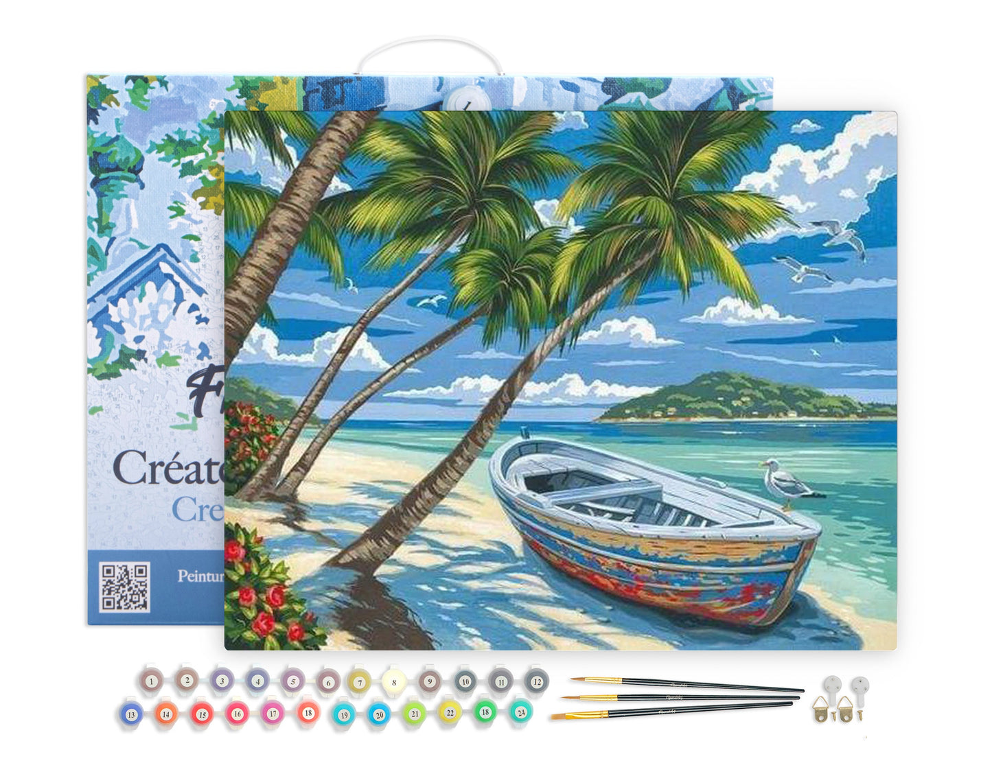 Paint by numbers Boat under the Coconut trees - Framed canvas