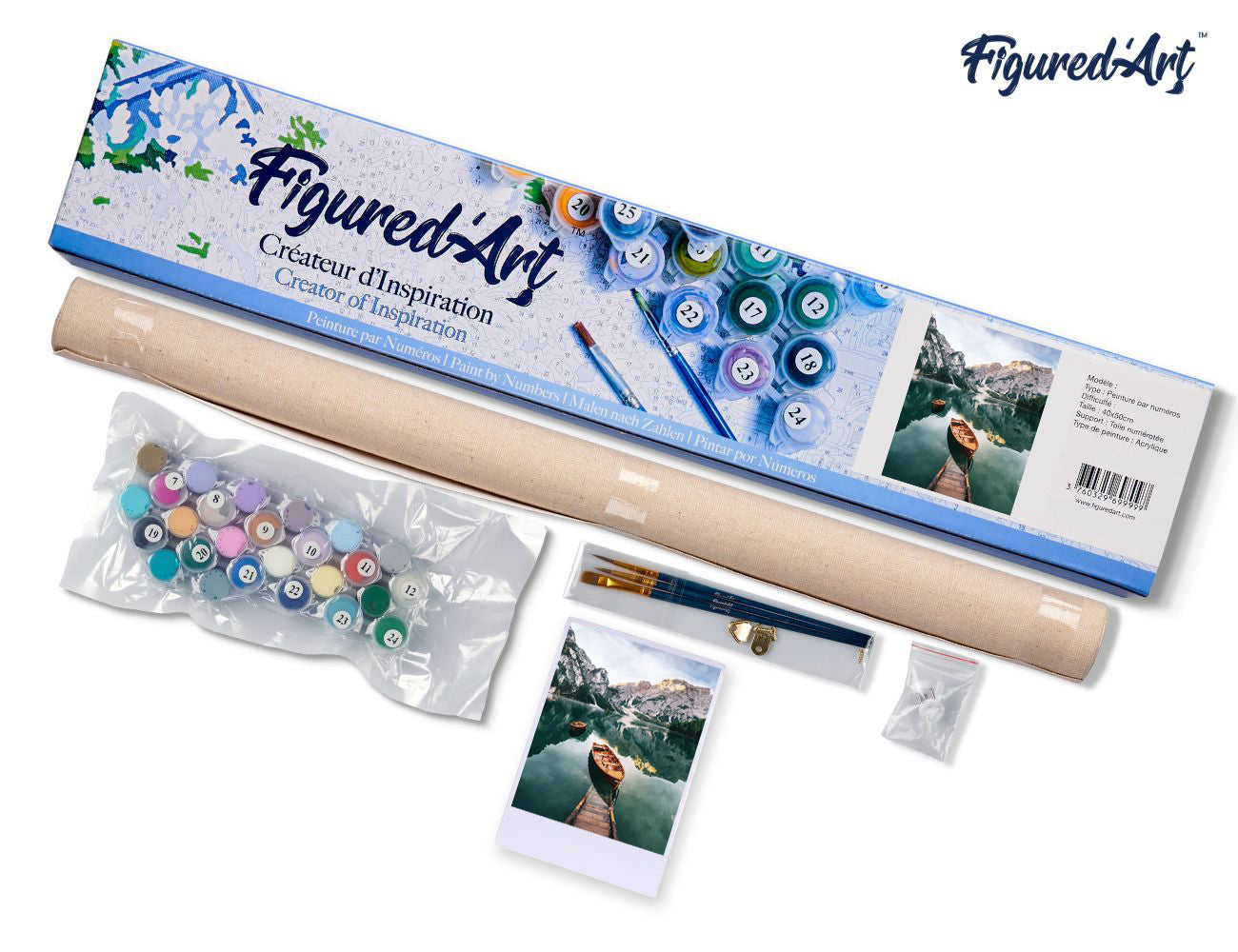 Paint by numbers Small boat and Mountain Lake - Rolled canvas