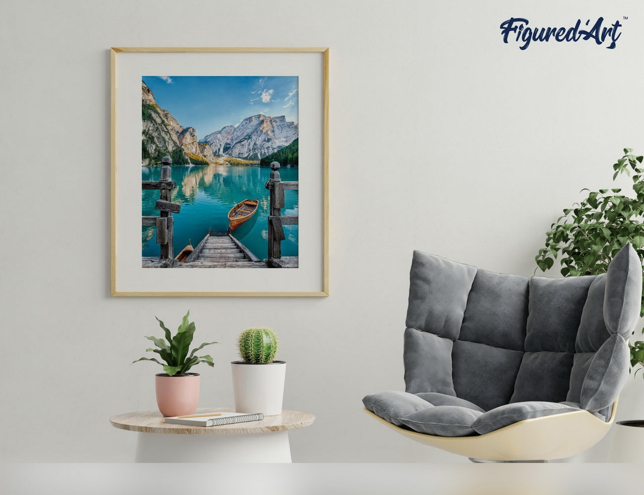 Paint by numbers Boat on the Mountain Lake - Framed canvas