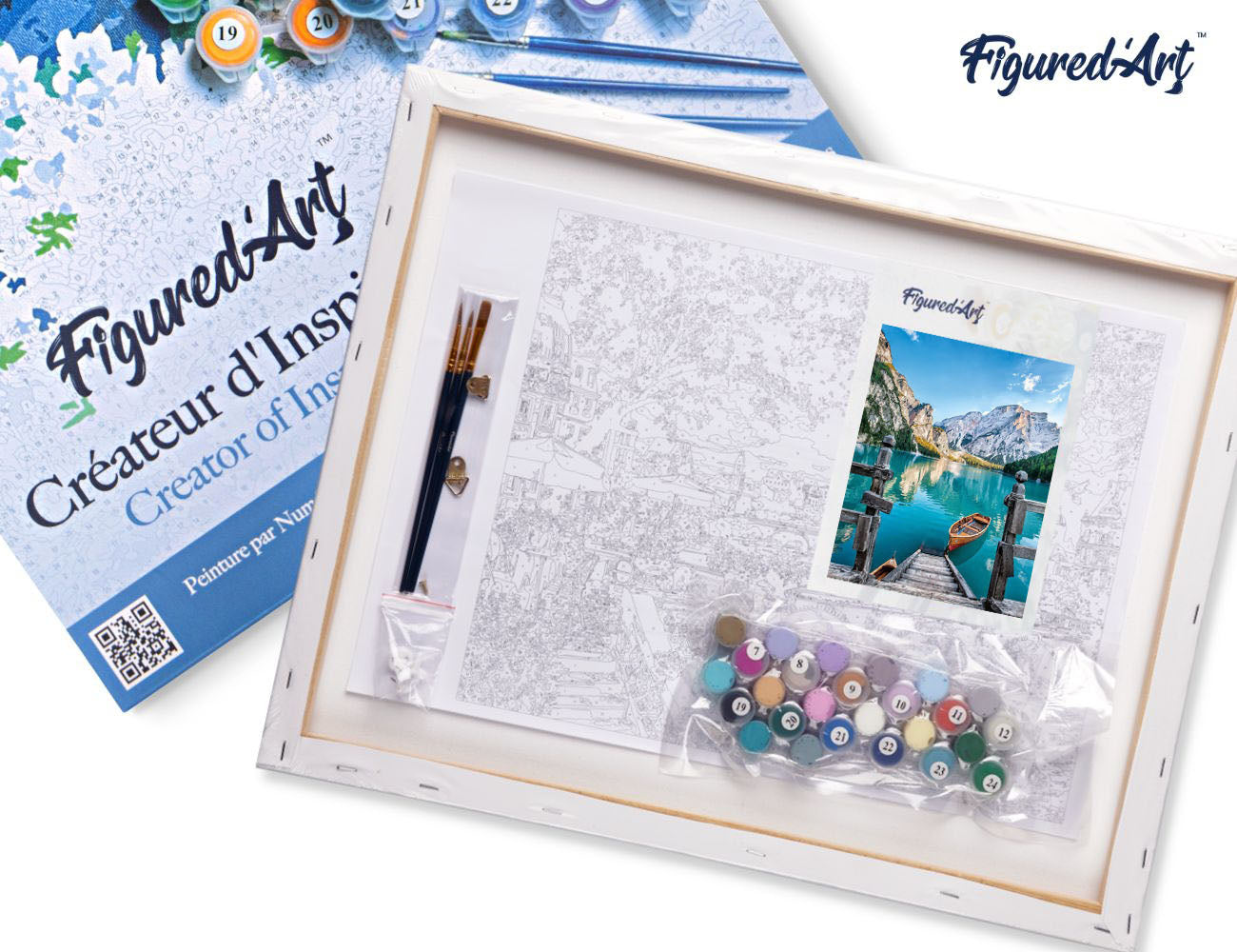 Paint by numbers Boat on the Mountain Lake - Framed canvas