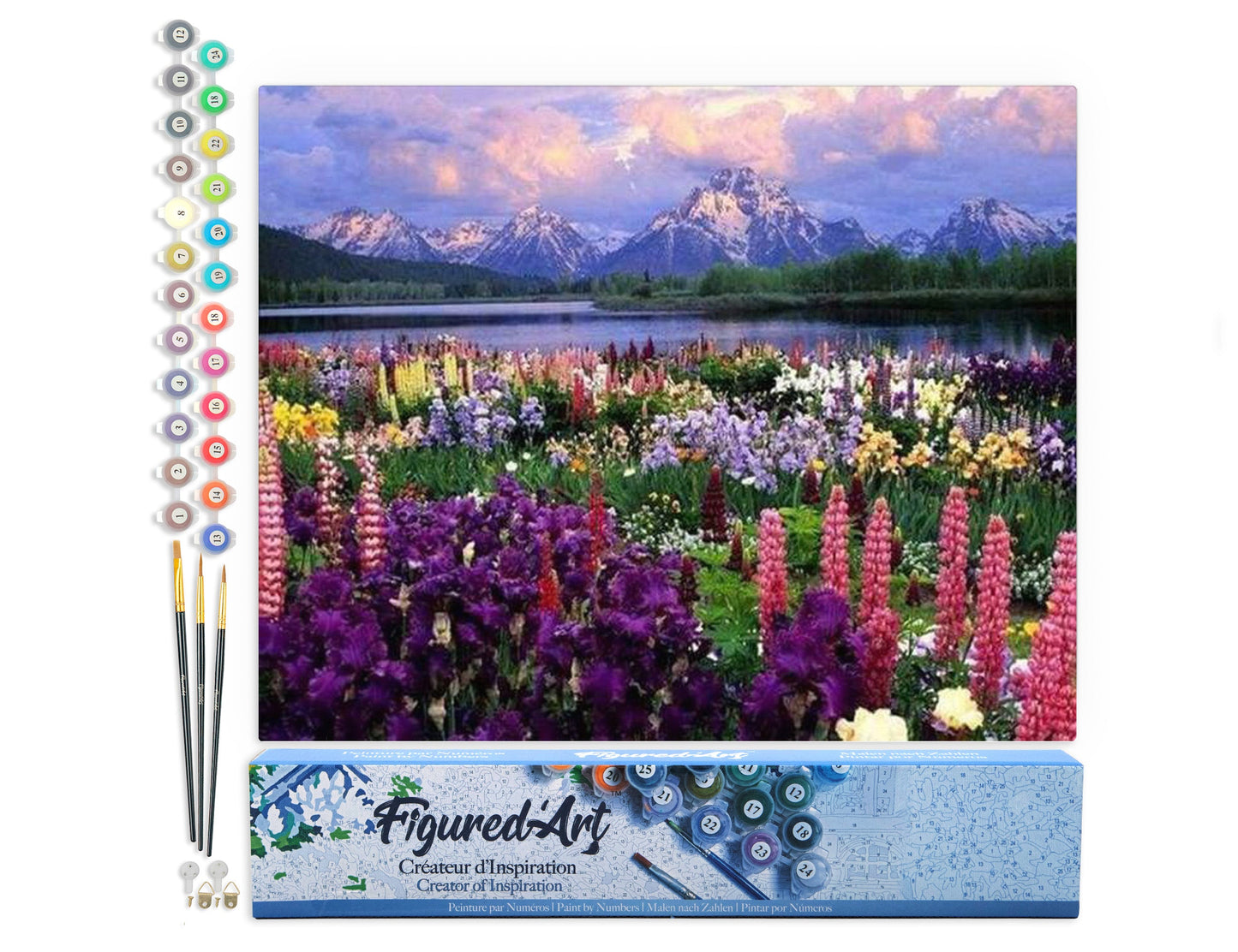Paint by numbers Flowers and Lake near the Mountain - Rolled canvas