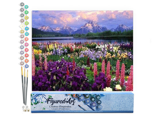 Paint by numbers Flowers and Lake near the Mountain - Rolled canvas