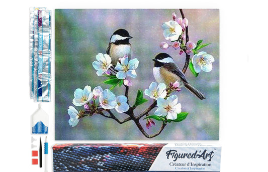 Diamond Painting - Small Birds and White Flowers - 40x50cm Rolled canvas