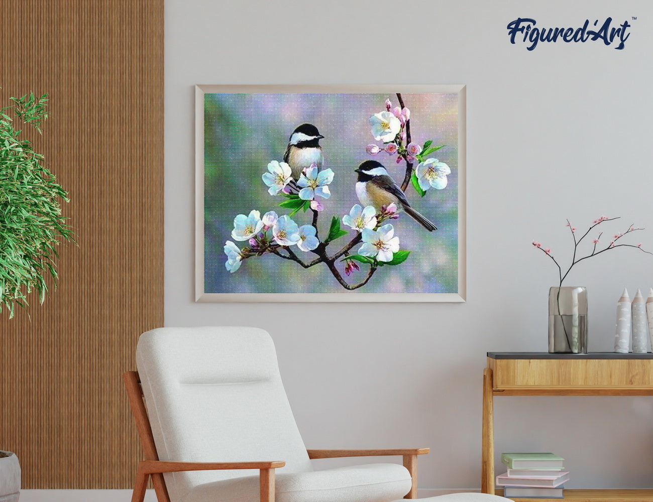 Diamond Painting - Small Birds and White Flowers - 40x50cm Rolled canvas