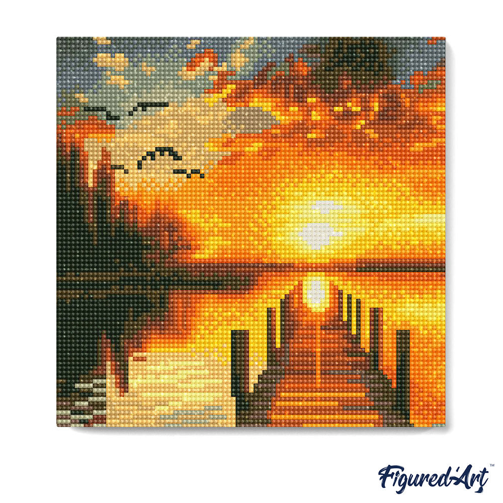 Mini Diamond Painting 25x25cm - Golden Lake Sunset - Framed canvas