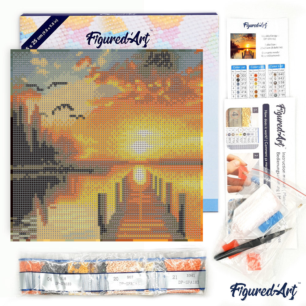 Mini Diamond Painting 25x25cm - Golden Lake Sunset - Framed canvas