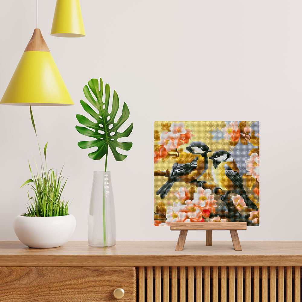 Mini Diamond Painting 25x25cm - Pair of Birds amidst Blossoms - Framed canvas