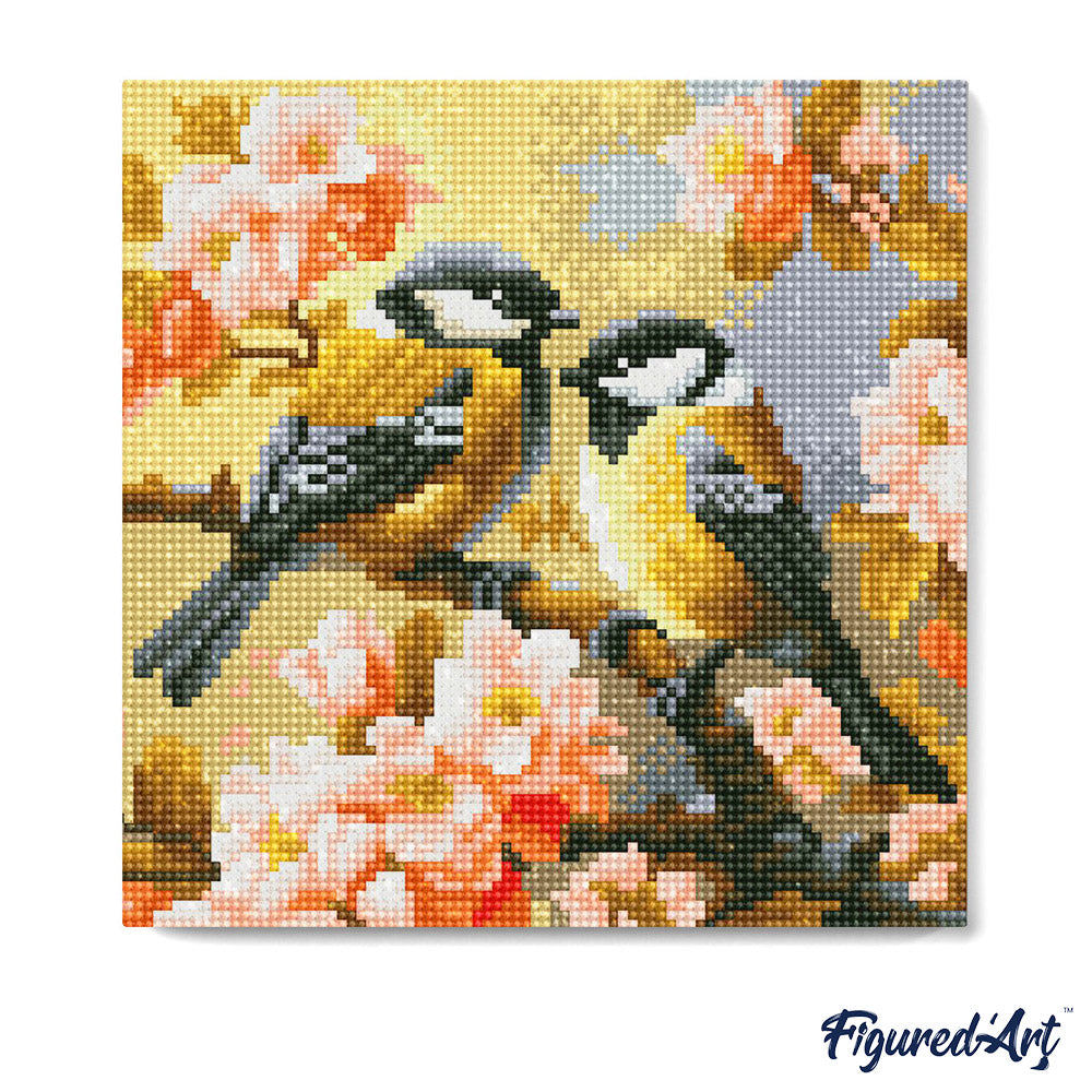 Mini Diamond Painting 25x25cm - Pair of Birds amidst Blossoms - Framed canvas