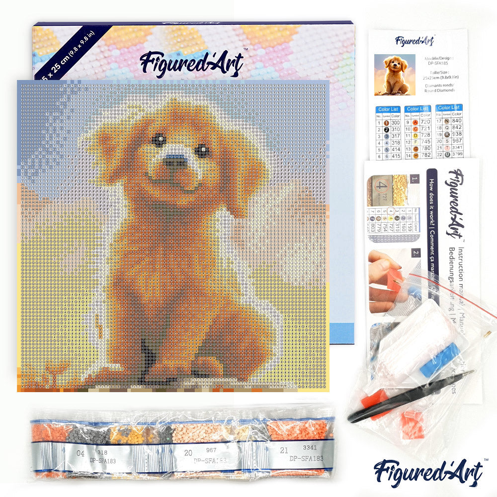 Mini Diamond Painting 25x25cm - Cute Golden Retriever Pup - Framed canvas