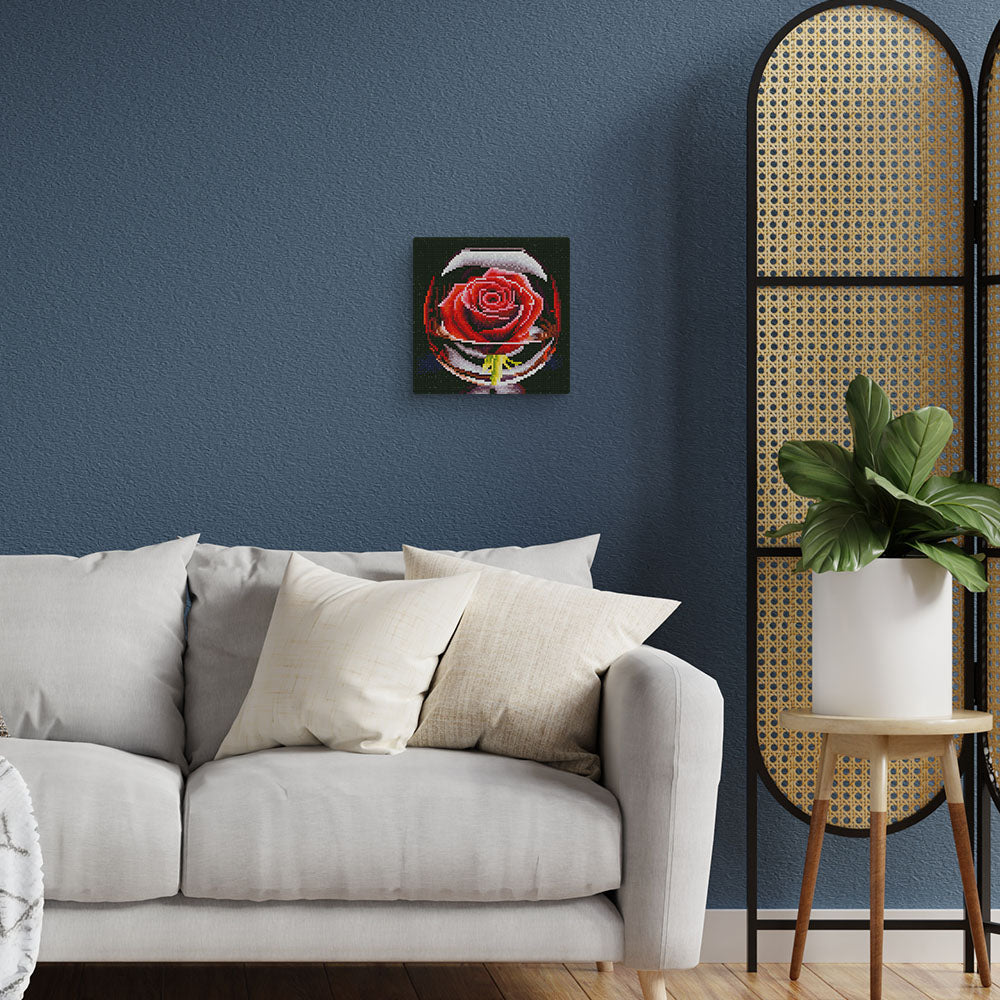 Mini Diamond Painting 25x25cm - Red Rose in the Glass - Framed canvas