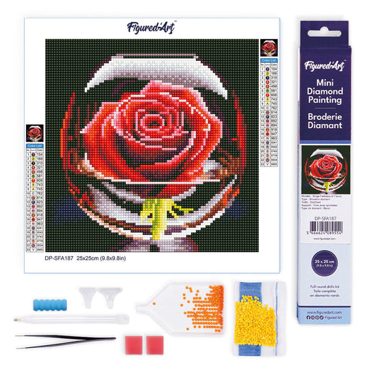 Mini Diamond Painting 25x25cm - Red Rose in the Glass Rolled canvas