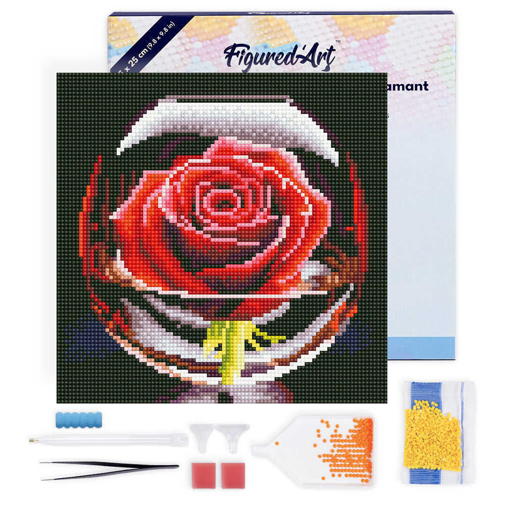 Mini Diamond Painting 25x25cm - Red Rose in the Glass - Framed canvas
