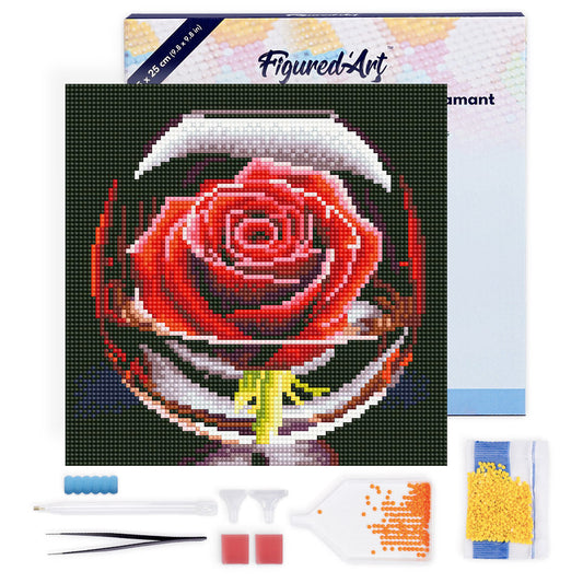 Mini Diamond Painting 25x25cm - Red Rose in the Glass - Framed canvas