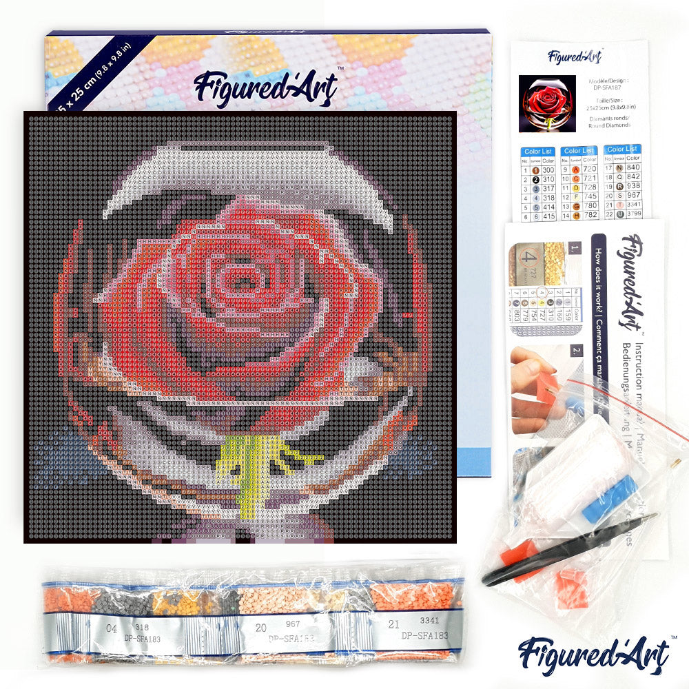 Mini Diamond Painting 25x25cm - Red Rose in the Glass - Framed canvas