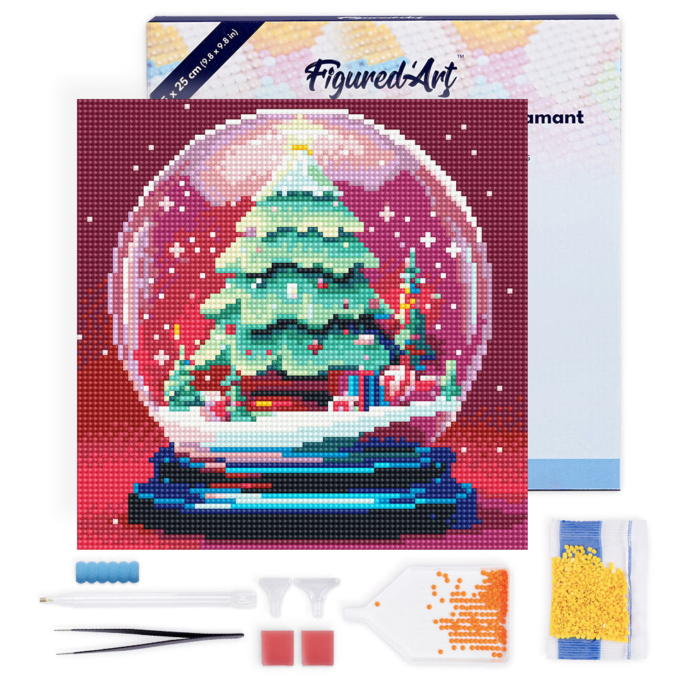 Mini Diamond Painting 25x25cm - Christmas Tree in Snow Globe - Framed canvas