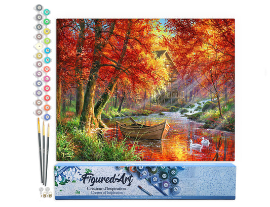Paint by numbers Autumn River and Boat - Rolled canvas